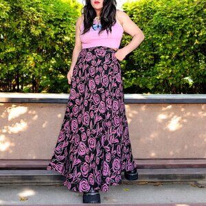 Jones New York vtg Y2K silk black lime green pink artsy cyber rose maxi skirt 12